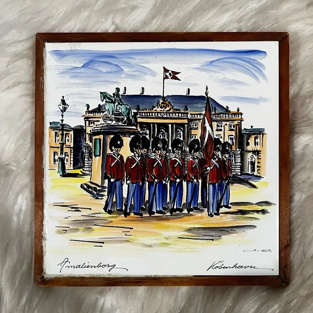 Vintage Hand Painted Denmark Ceramic Art Tile 1965 Amalienborg Copenhagen Framed